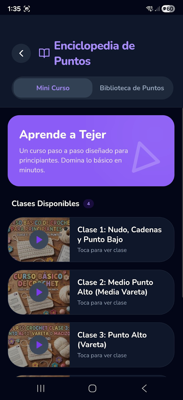 Enciclopedia de puntos de StitchFlow, con el mini curso «Aprende a tejer» y las clases en vídeo.